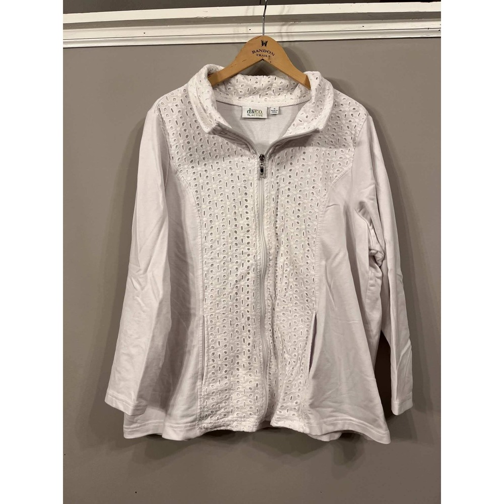 Denim & Co Active Womens 1X White Eyelet Front Zip Up Mock Neck Jacket Pockets